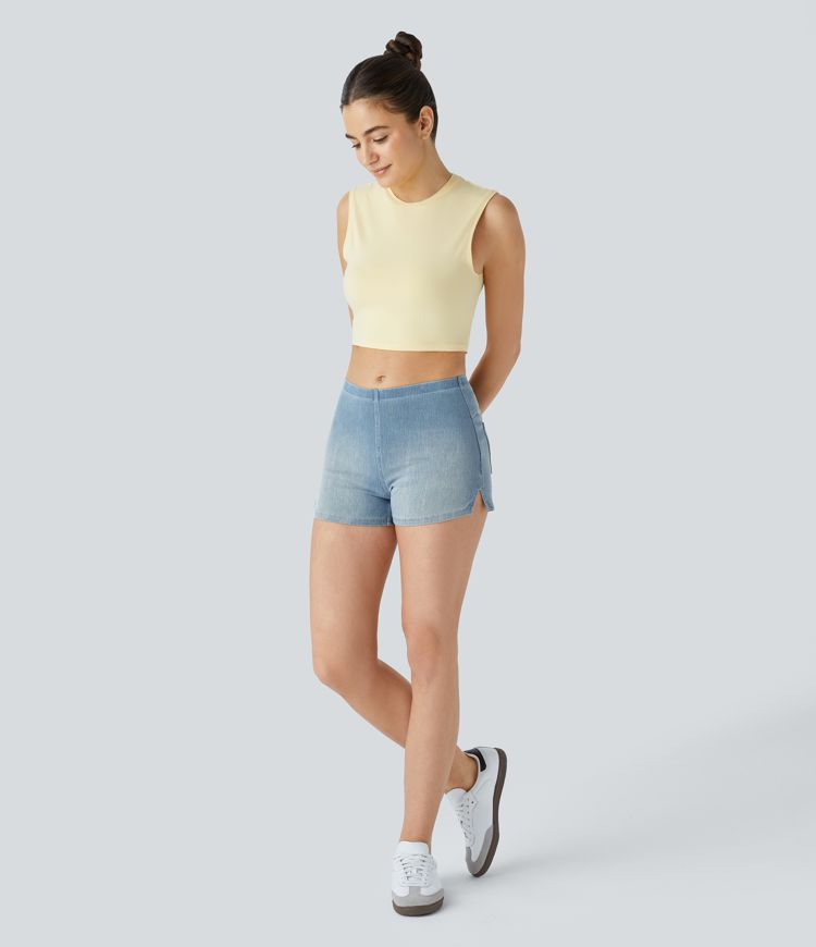 Short en jean extensible Halara Flex™ taille mi-basse 7,5 cm avec poches arrière et fentes