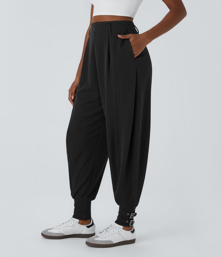 Ribbed knit high waist side pocket adjustable buckle hem casual jogger