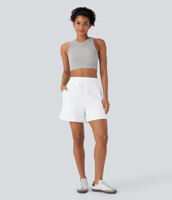 High Waisted Drawstring Pocket Yoga Sweat Shorts