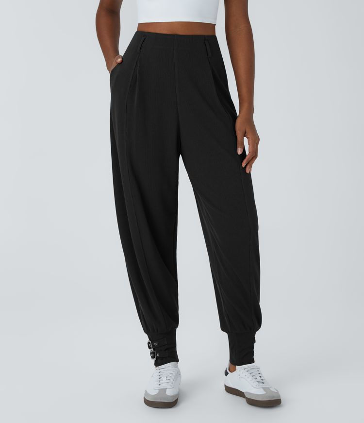 Ribbed knit high waist side pocket adjustable buckle hem casual jogger
