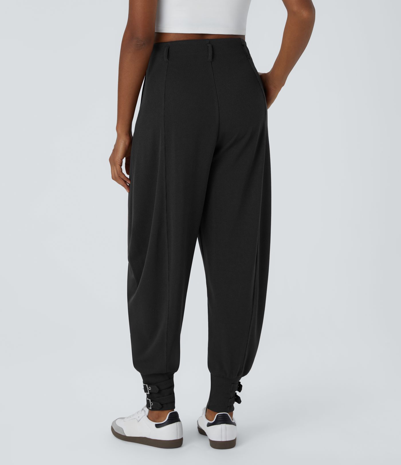 Ribbed knit high waist side pocket adjustable buckle hem casual jogger