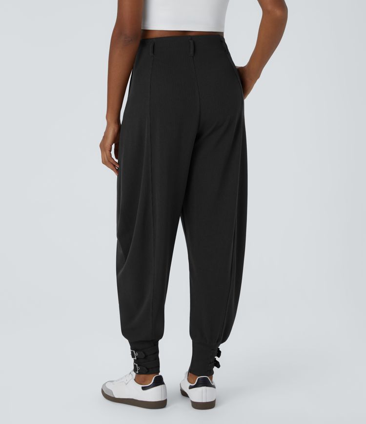 Ribbed knit high waist side pocket adjustable buckle hem casual jogger
