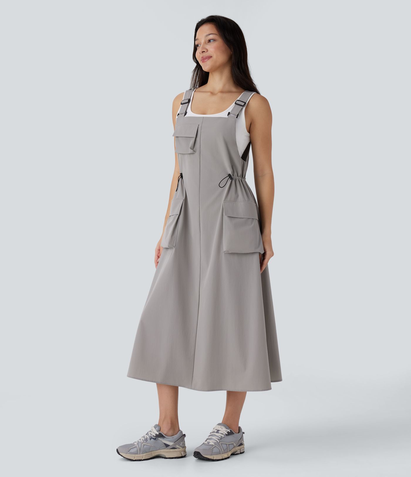 Drawstring Pockets Midi Hiking Overall Active Dress