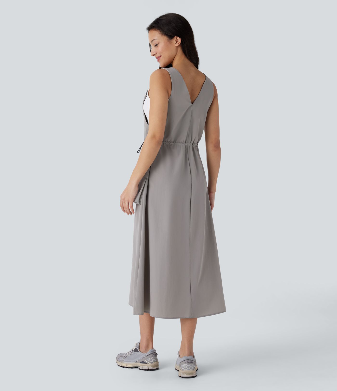 Drawstring Pockets Midi Hiking Overall Active Dress