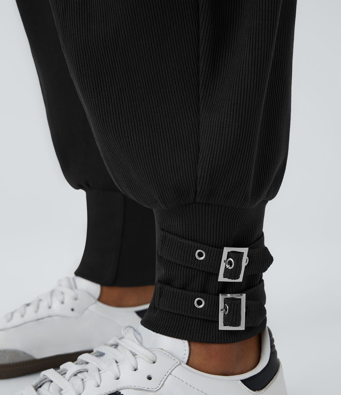 Ribbed knit high waist side pocket adjustable buckle hem casual jogger