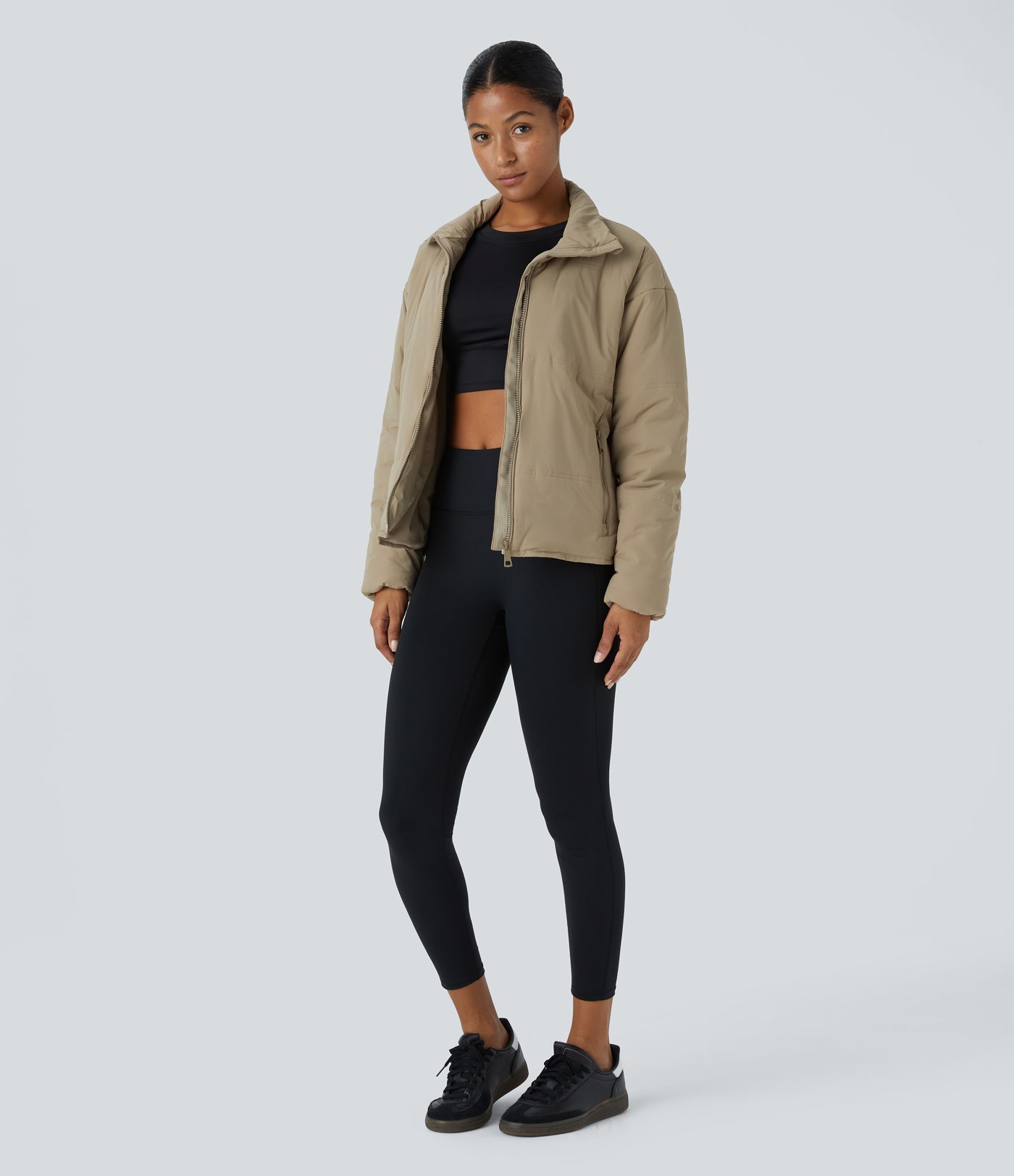 Funnel Neck Zip Pockets High-Low Curved Hem Relaxed Hiking Puffer Jacket