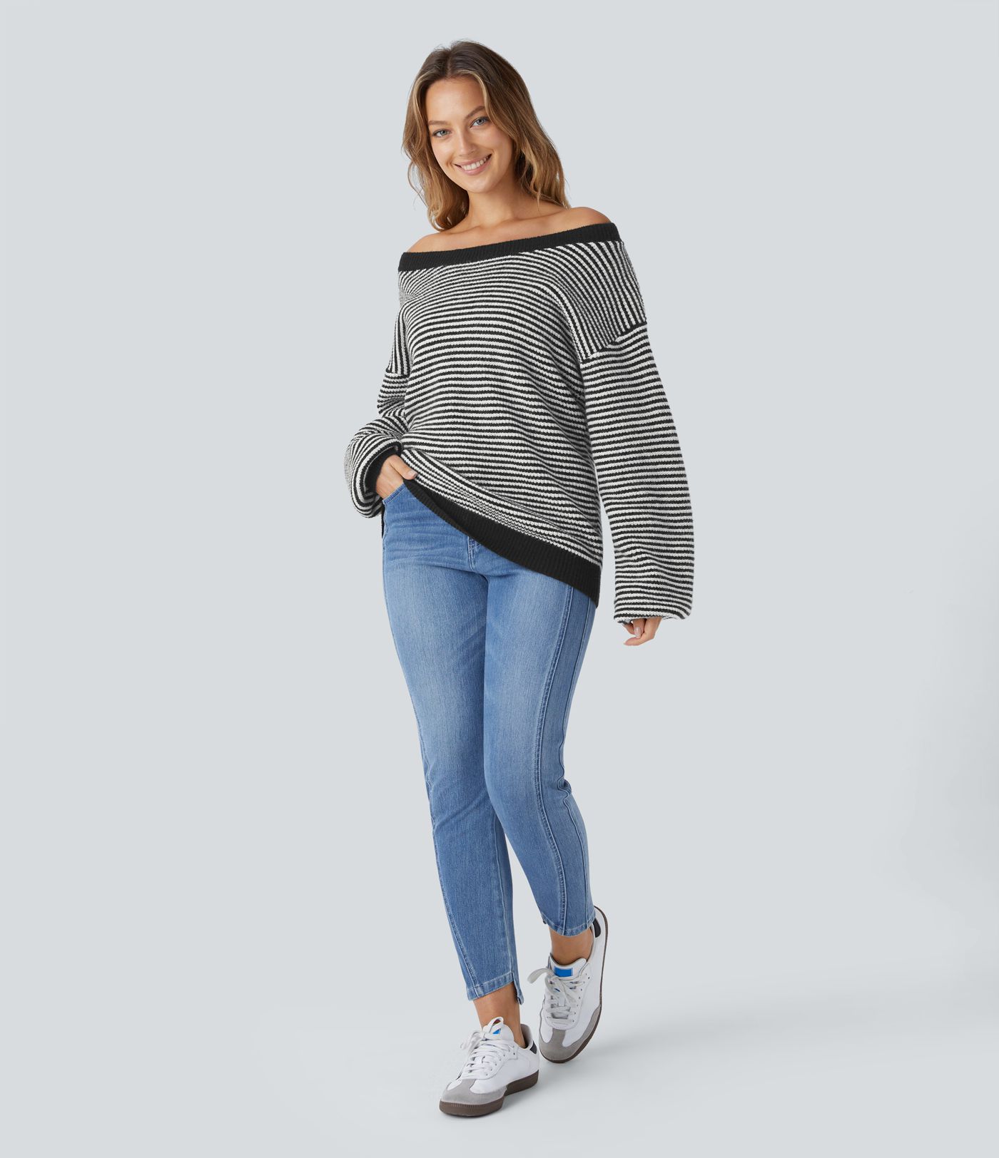 Scoop Neck Dropped Shoulder Color Block Stripe Relax Casual Sweater