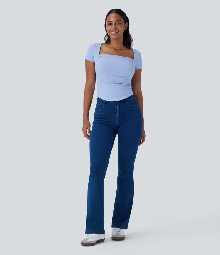 Ribbed Knit Square Neck Ruched Curved Hem 2-in-1 Skinny Casual Baby Tee