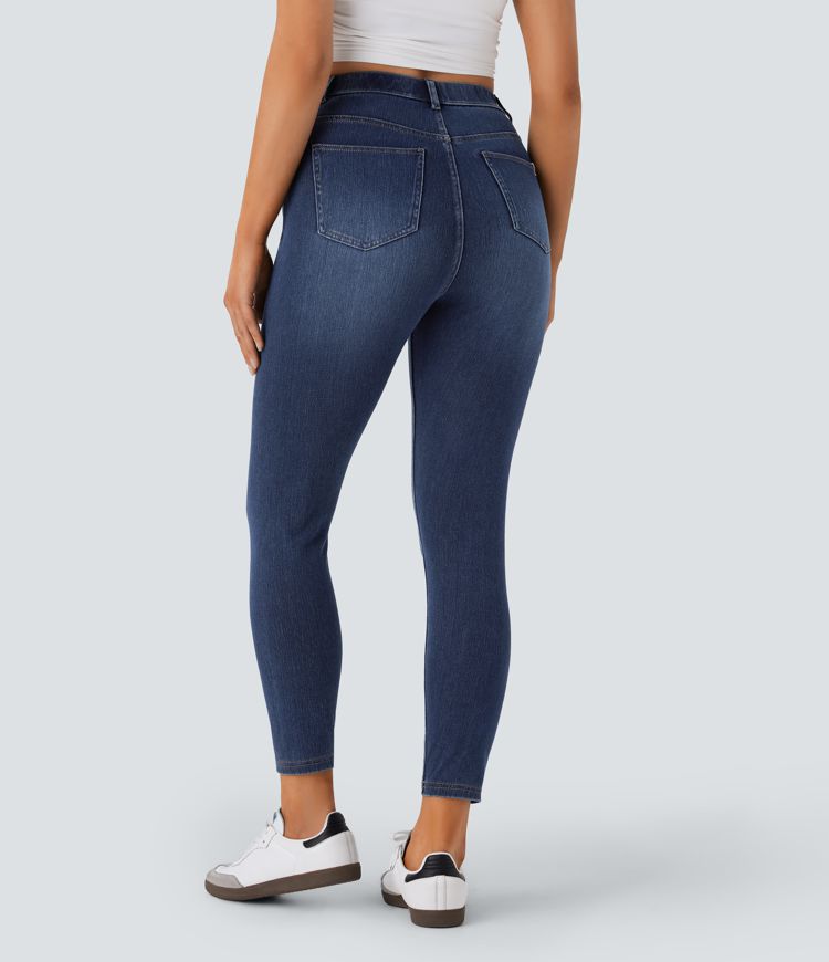 Halara Flex™ - 7/8 Leggings aus elastischem Strick-Denim mit hohem Bund, mehreren Taschen und Strasssteinen