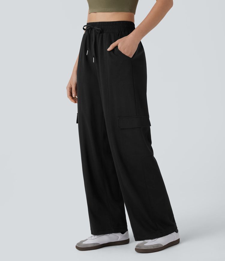 High Waisted Drawstring Pockets Cargo Straight Leg Casual Pants