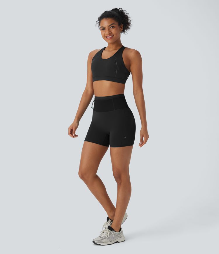 Shorts tipo biker de running SpeedWave™ de tiro alto moldeador abdominal  con malla de contraste y de secado rápido en longitud 12,7cm y bolsillos 360°