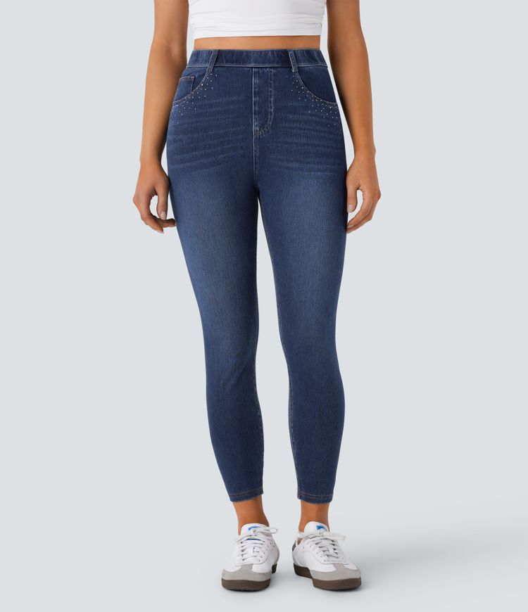 Halara Flex™ - 7/8 Leggings aus elastischem Strick-Denim mit hohem Bund, mehreren Taschen und Strasssteinen