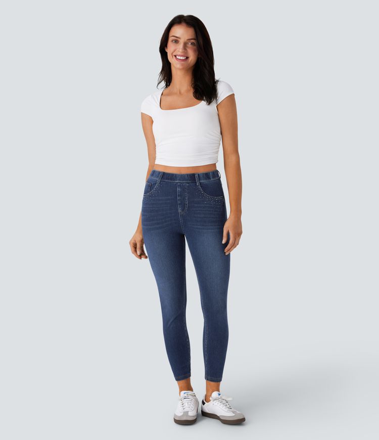 Halara Flex™ - 7/8 Leggings aus elastischem Strick-Denim mit hohem Bund, mehreren Taschen und Strasssteinen