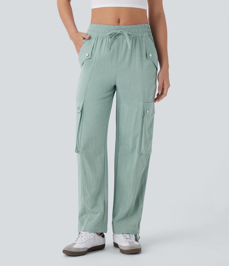 Mid Rise Pockets Drawstring Hem Cargo Casual Pants