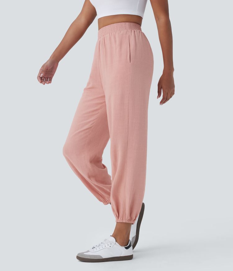 High Waisted Pocket Linen-blend Casual Joggers