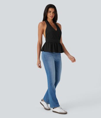 Halter Tie Back Ruffle Hem Casual Top