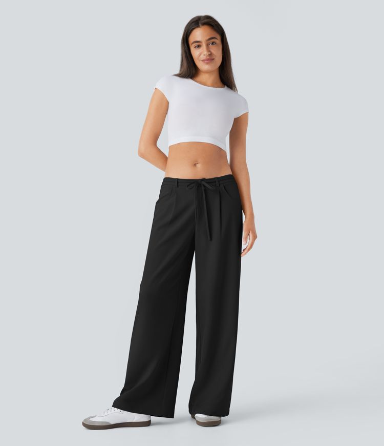 Low Rise Tie Pocket Wide Leg Casual Pants