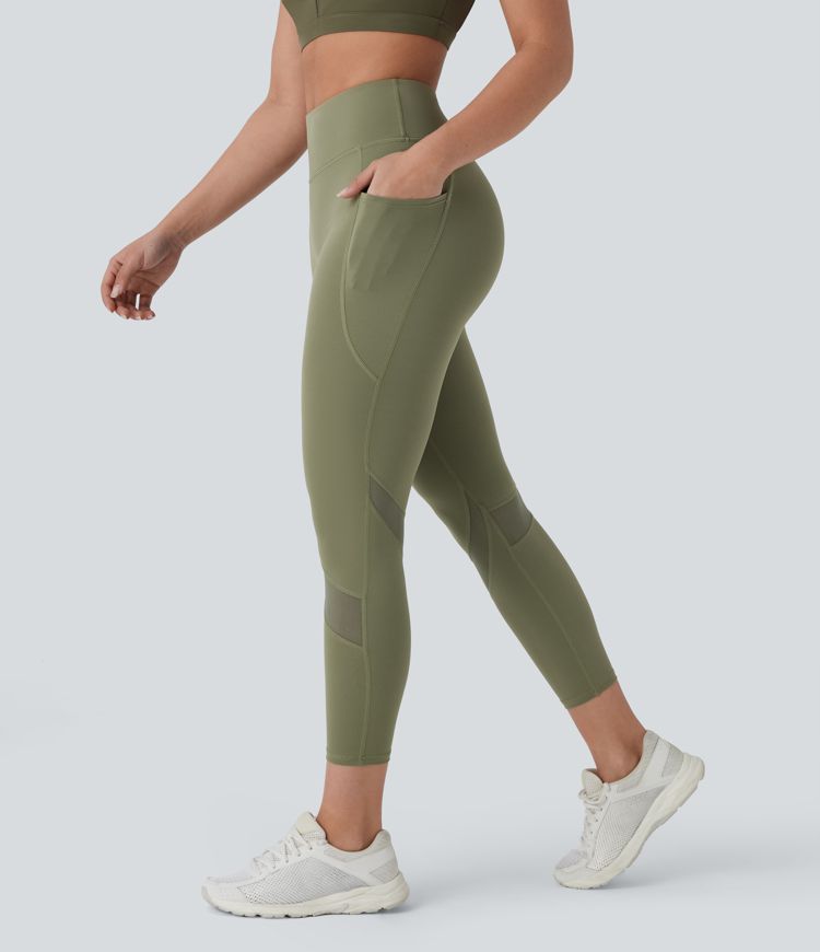 High Waisted Pocket Contrast Mesh Yoga 7/8 Leggings