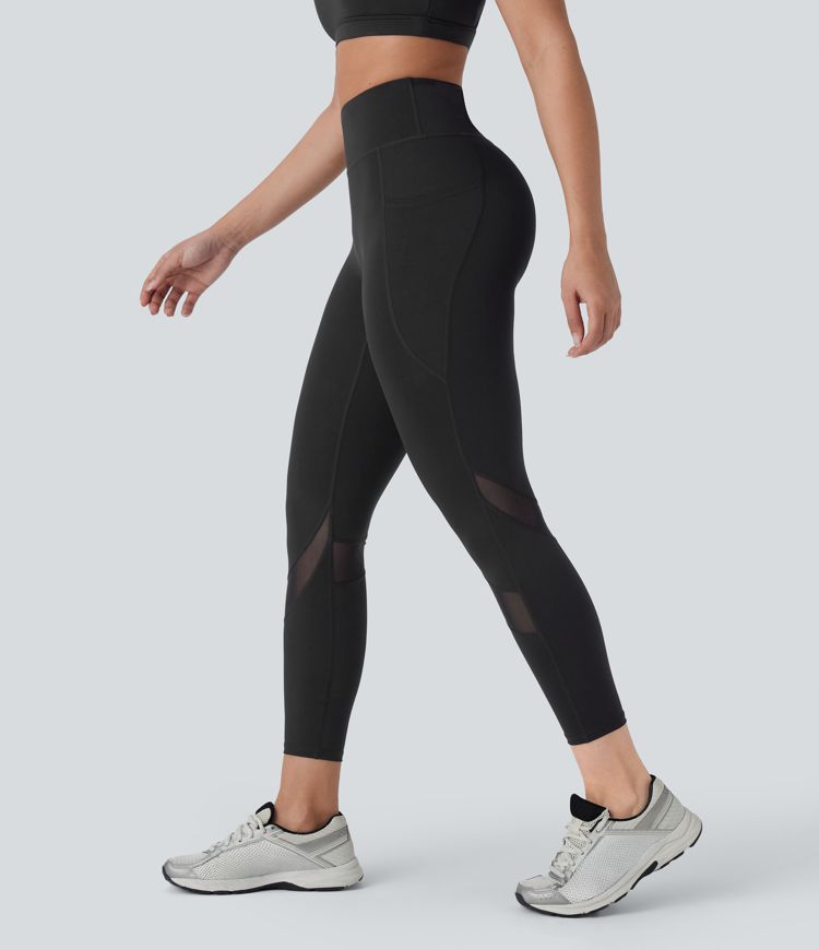 High Waisted Pocket Contrast Mesh Yoga 7/8 Leggings