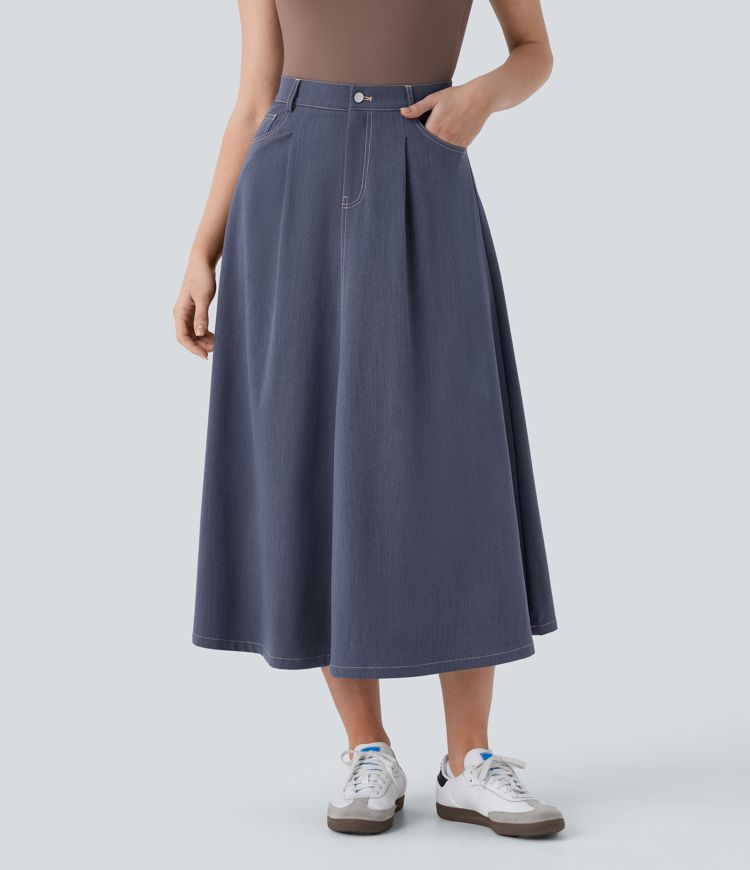 High Waisted Pockets Midi Casual Flare Skirt