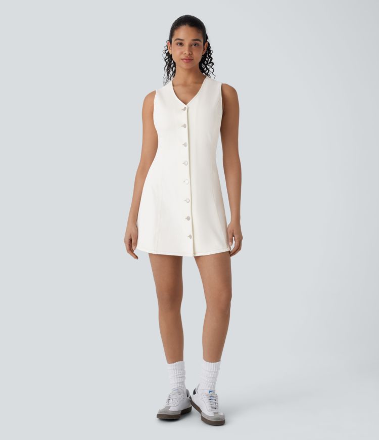 Mini Vestido Halara Flex™ Denim mezclilla elástico botón sin mangas cuello V