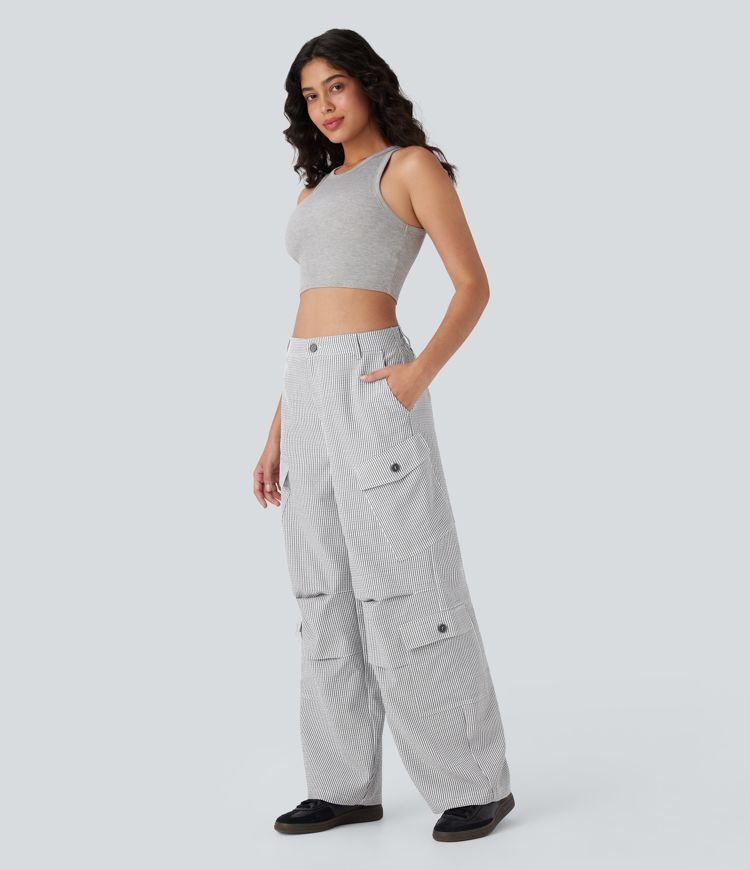 Mid Rise Zipper Pockets Wide Leg Stripe Casual Cargo Pants