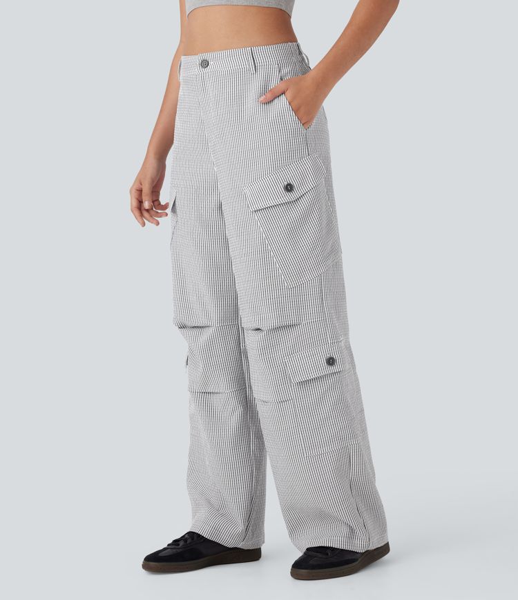 Mid Rise Zipper Pockets Wide Leg Stripe Casual Cargo Pants