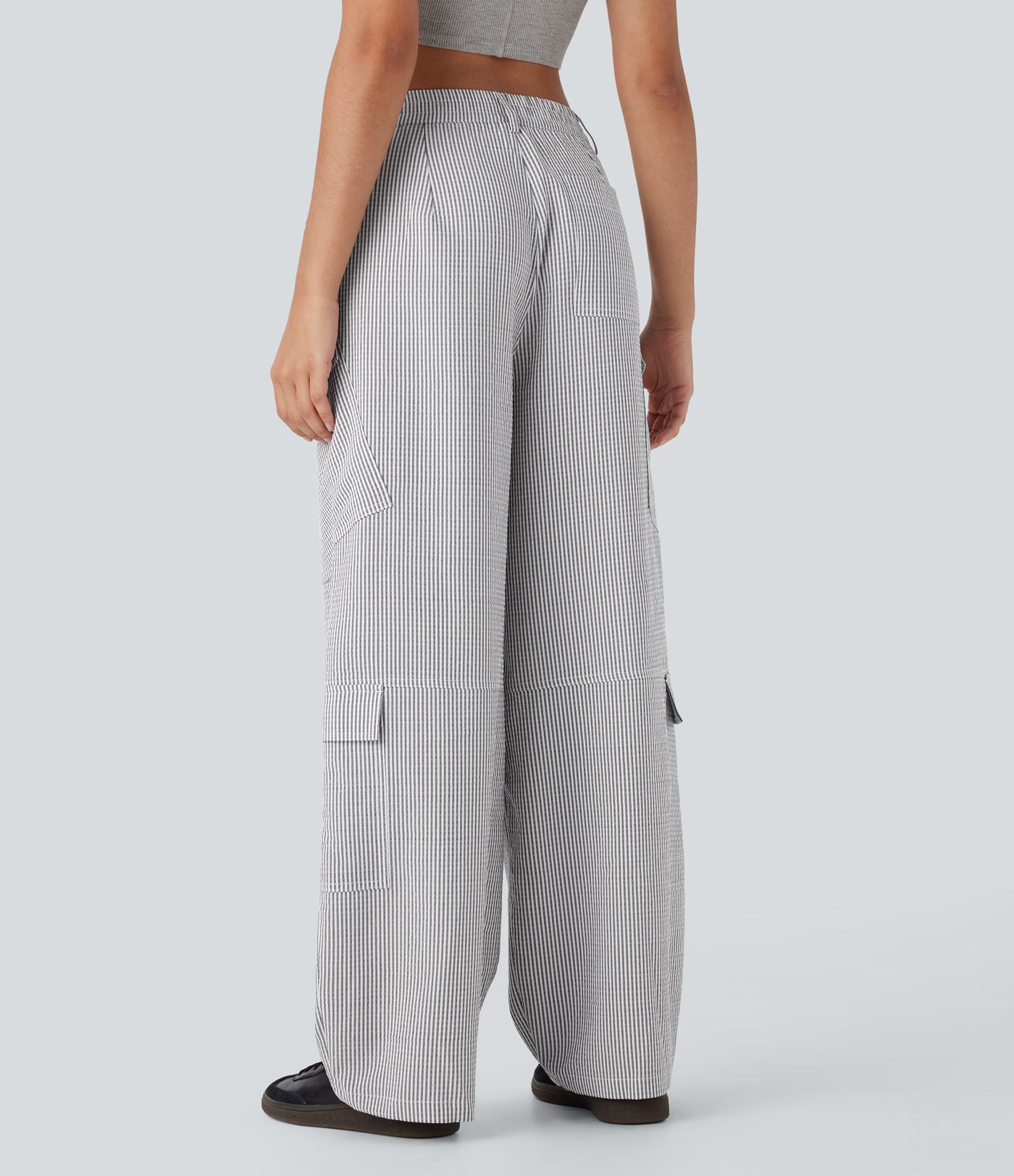 Mid Rise Zipper Pockets Wide Leg Stripe Casual Cargo Pants