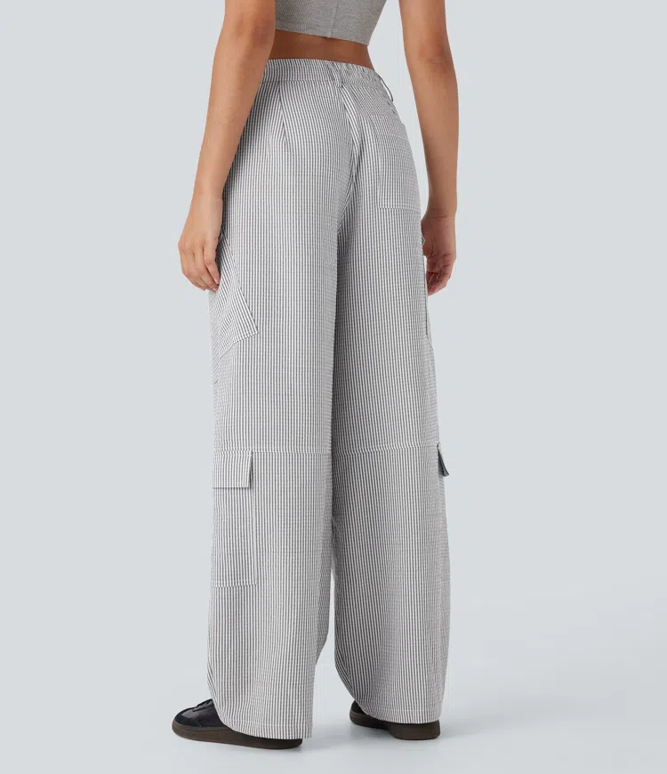 Mid Rise Zipper Pockets Wide Leg Stripe Casual Cargo Pants