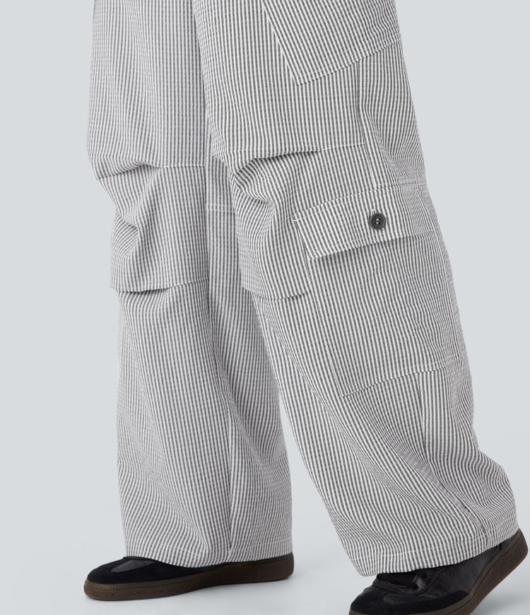 Mid Rise Zipper Pockets Wide Leg Stripe Casual Cargo Pants