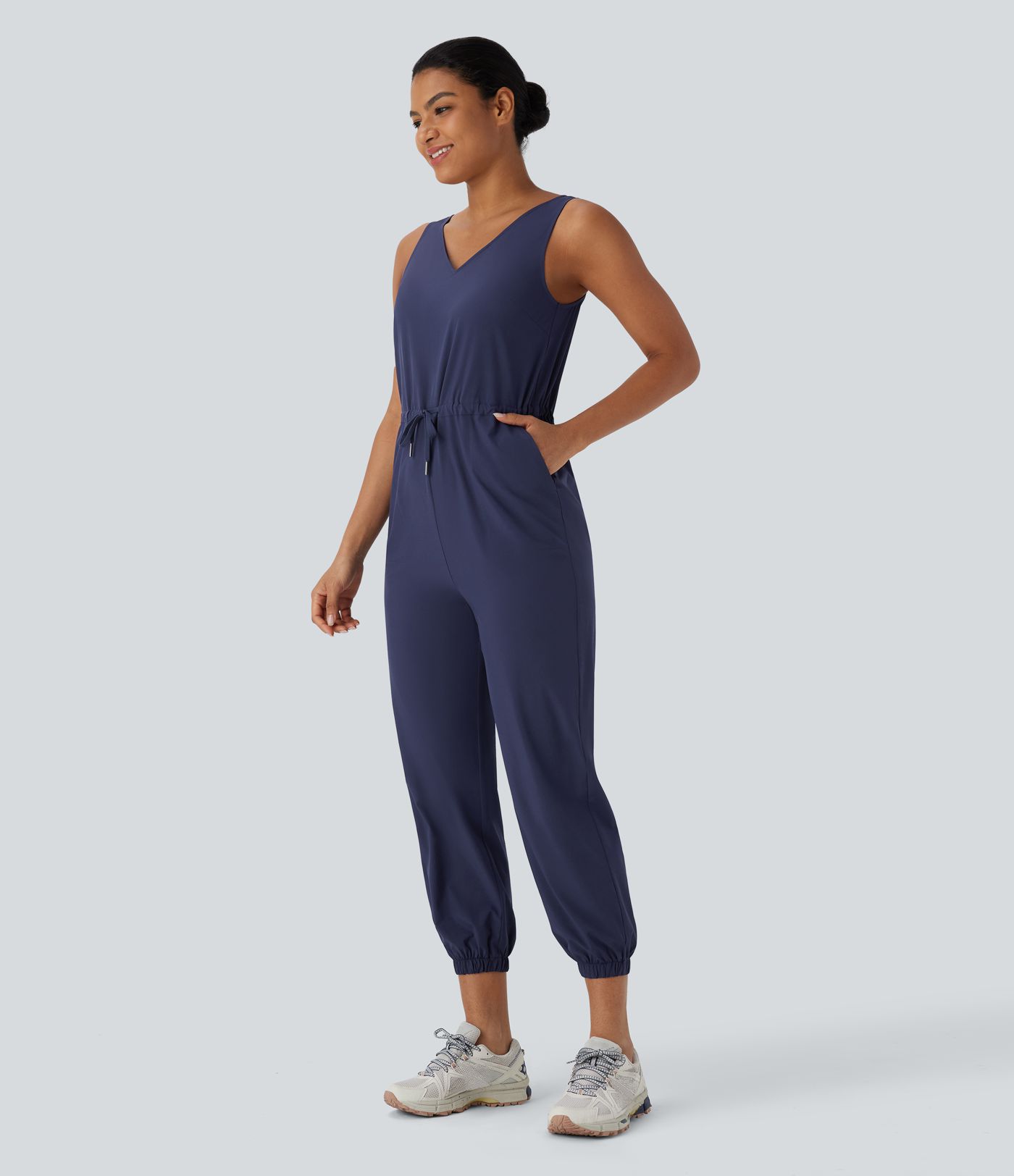 Breezeful™ V Neck Sleeveless Drawstring Multiple Pockets Quick Dry Camping Jogger Jumpsuit