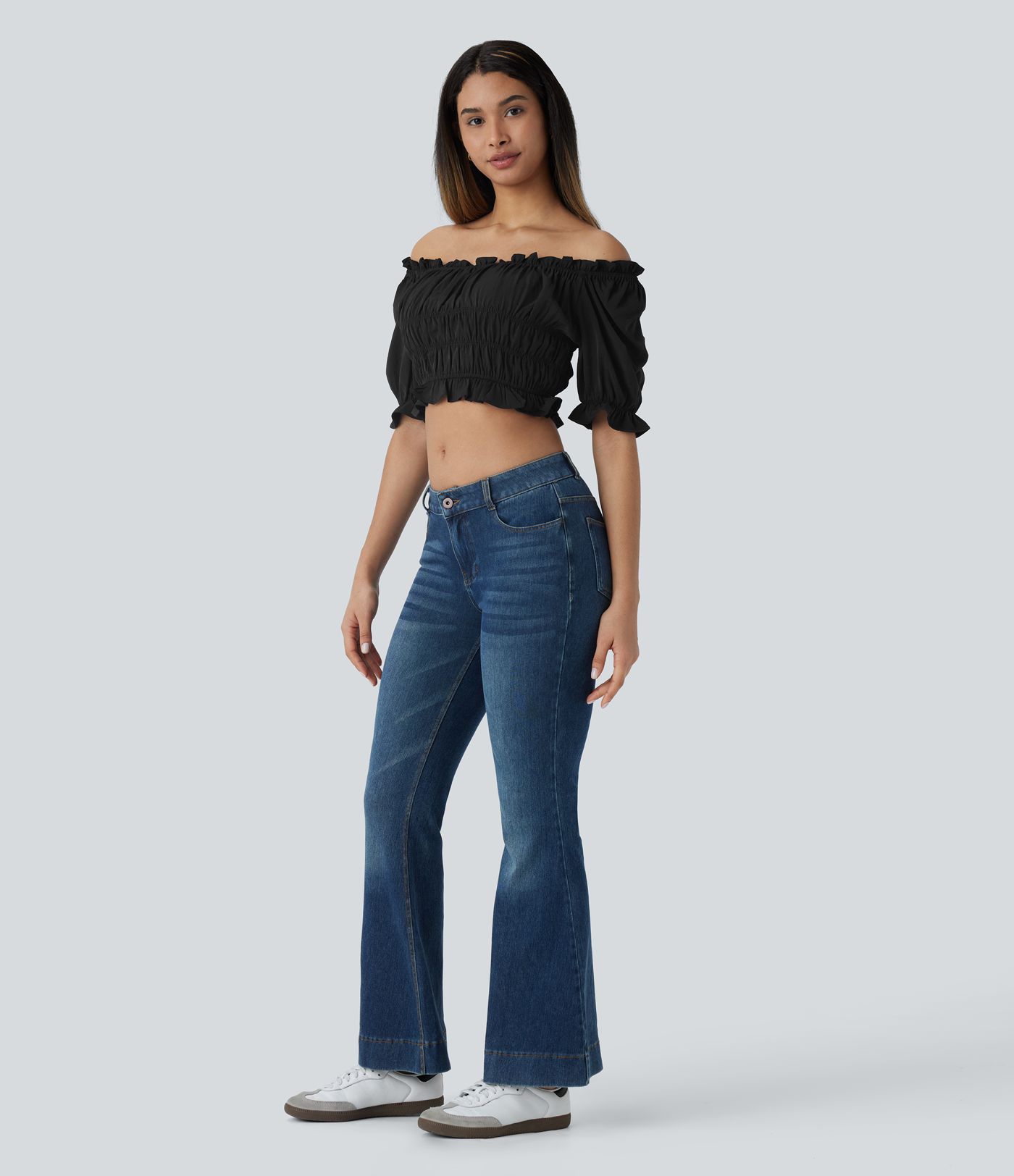 Blusa corta cuello U manga abullonada volante fruncido