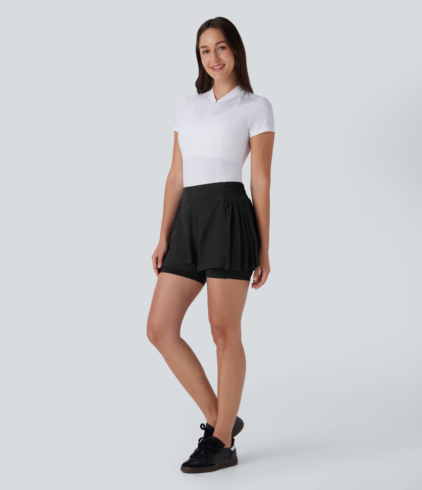 Breezeful™ High Waisted Contrast Mesh Pleated 2-in-1 Quick Dry Golf Shorts with Pockets-Golf Tee