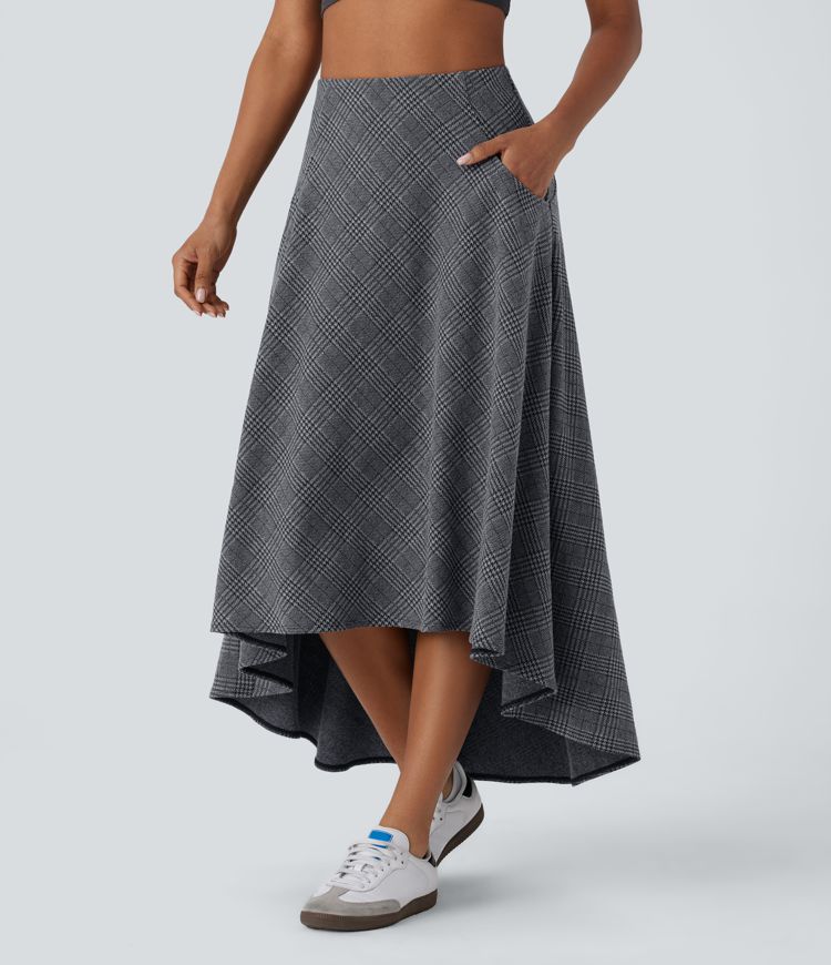 High Waisted Pocket High Low Flowy Houndstooth Plaid Maxi Casual Skirt