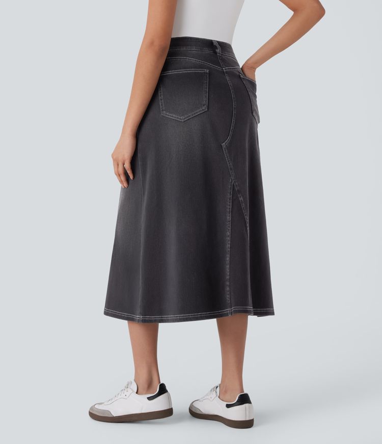 Halara Flex™ High Waisted Pockets Midi Washed Denim Casual A-Line Skirt