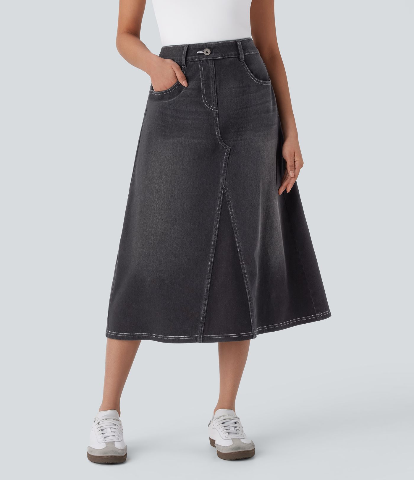 Halara Flex™ High Waisted Pockets Midi Washed Denim Casual A-Line Skirt