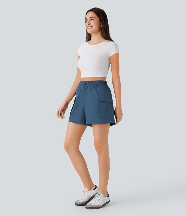 High Waisted Drawstring Flap Pocket Casual Cargo Shorts