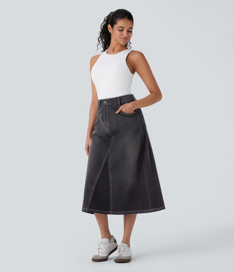 Halara Flex™ High Waisted Pockets Midi Washed Denim Casual A-Line Skirt