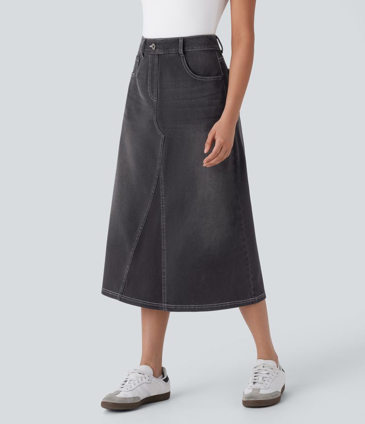 Halara Flex™ High Waisted Pockets Midi Washed Denim Casual A-Line Skirt