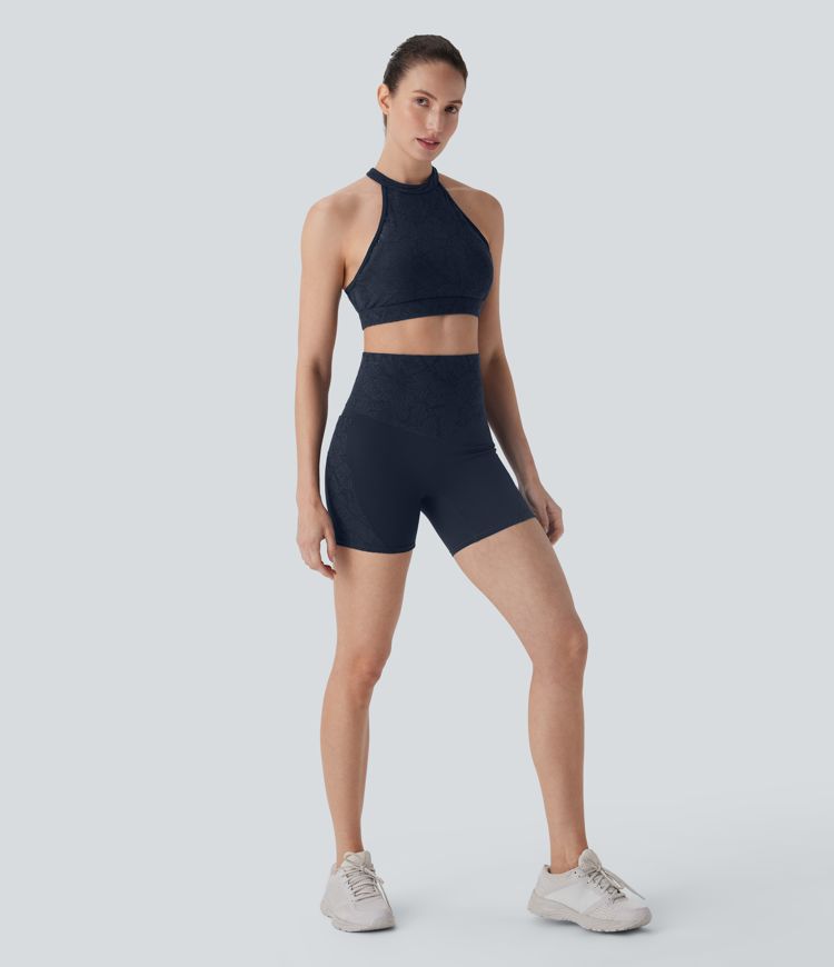 Halara UltraSculpt™ High Waisted Tummy Control Contrast Lace Shaping Training Biker Shorts 5'' with Pockets