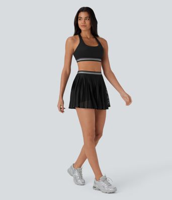 Falda Corta de Tenis de Cintura Alta con Bloque de Color 2 en 1, Bolsillo Recortado, Plisada, Tacto Fresco y Secado Rápido