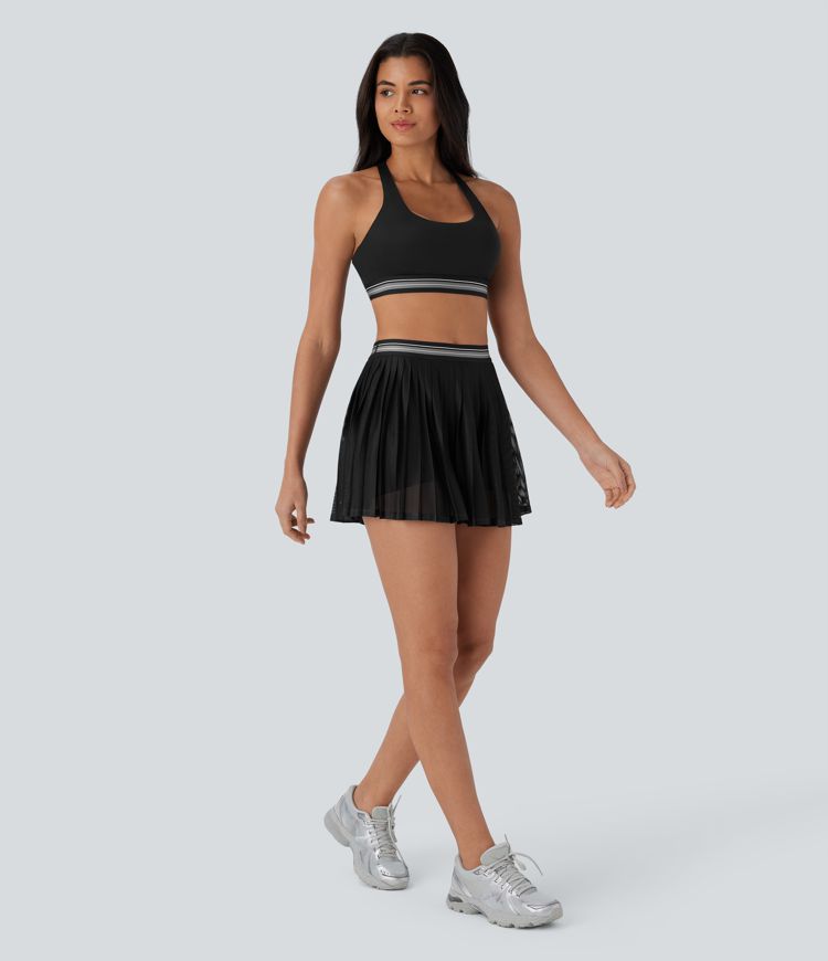 Falda Corta de Tenis de Cintura Alta con Bloque de Color 2 en 1, Bolsillo Recortado, Plisada, Tacto Fresco y Secado Rápido