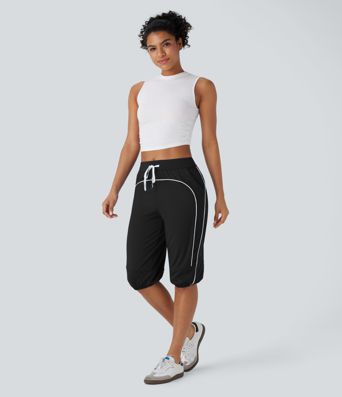 SoftlyZero™ Airy Mid Rise Drawstring Pocket Color Block Contrast Binding Cool Touch Dance Pedal Pusher Joggers -UPF50+