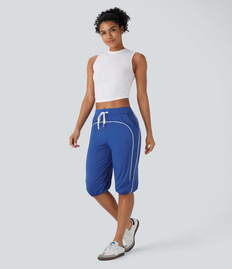 SoftlyZero™ Airy Mid Rise Drawstring Pocket Color Block Contrast Binding  Dance Cropped Capri Joggers -UPF50+