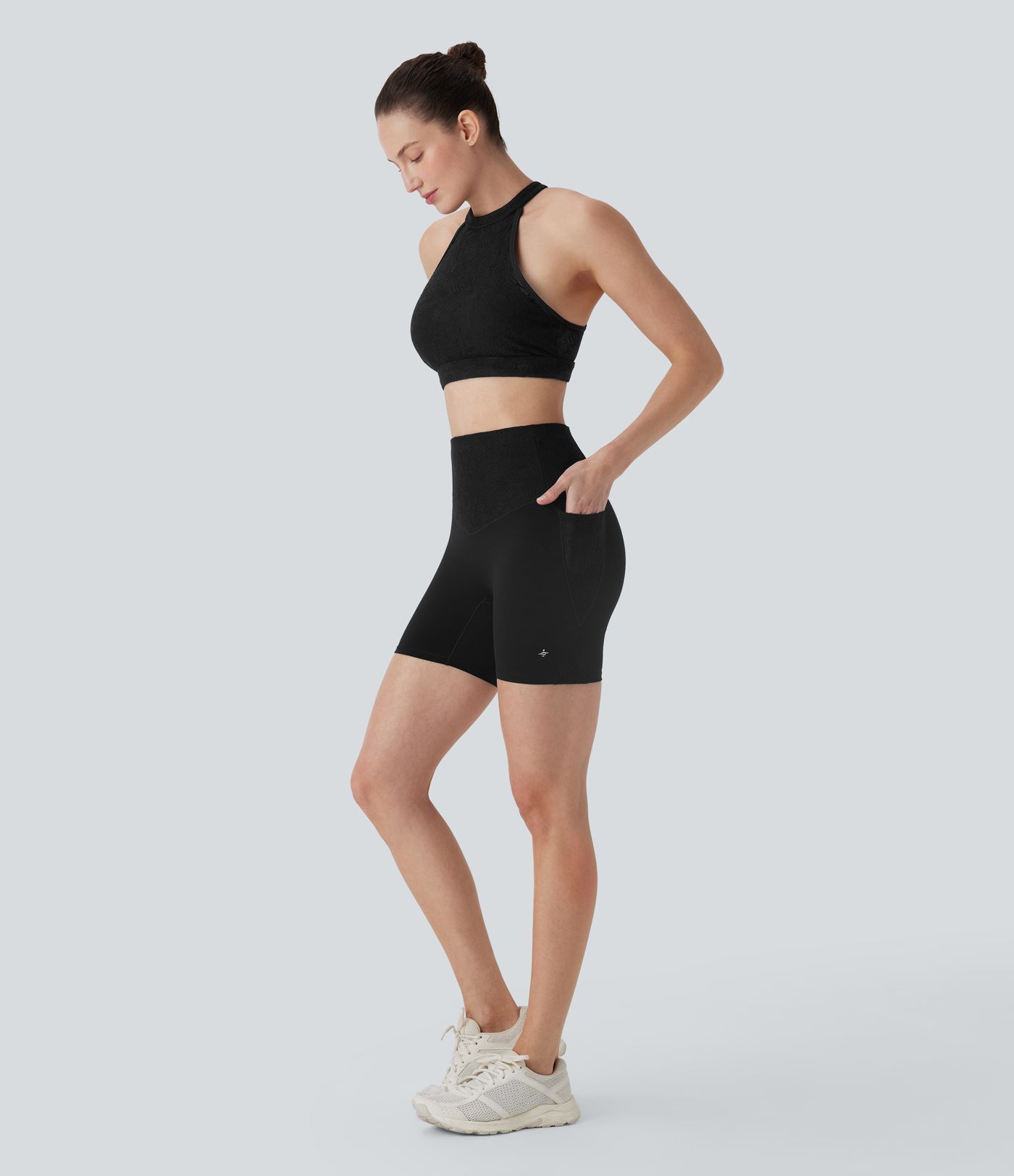 Halara UltraSculpt™ High Waisted Tummy Control Contrast Lace Training Biker Shorts 5'' with Pockets