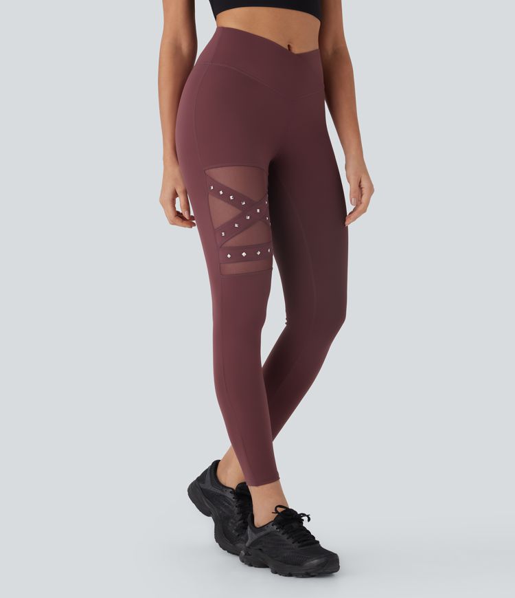 DayStretch High Waisted Crossover Contrast Mesh Studded Yoga Leggings with Pocket