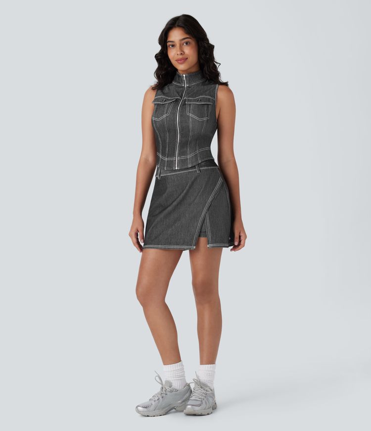 Halara Flex™ Stand Collar Zipper Cool Touch Washed Denim Tennis Tank Top