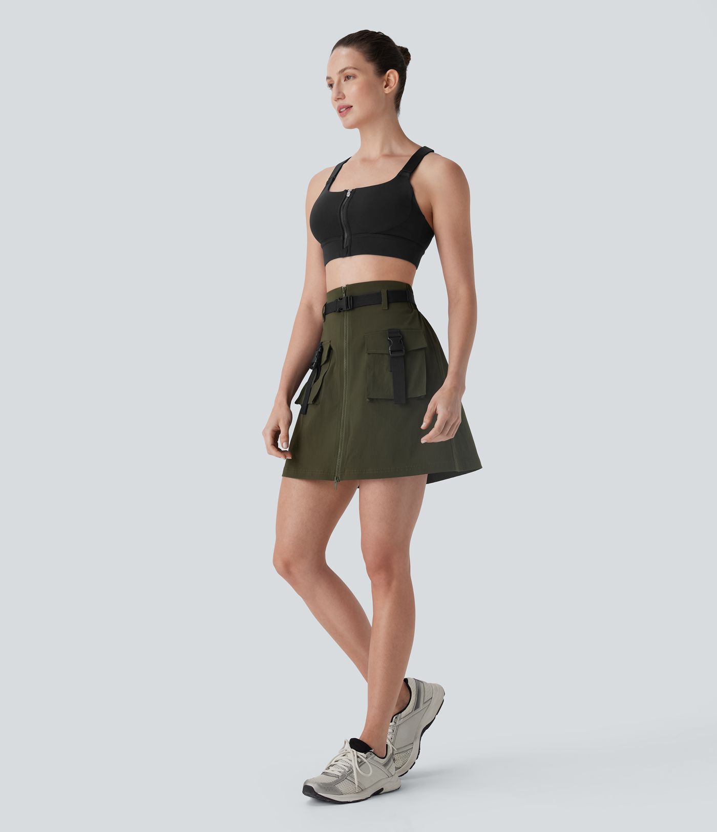 Water Repellent Super High Waisted Belted Zipper Mini A-line Ripstop Camping Cargo Skirt with Pockets