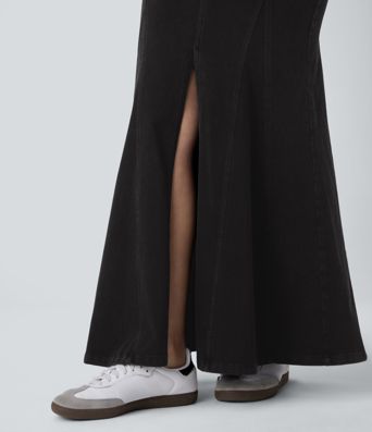 Halara Flex™ Mid Rise Maxi Washed Denim Casual Mermaid Skirt with Pockets