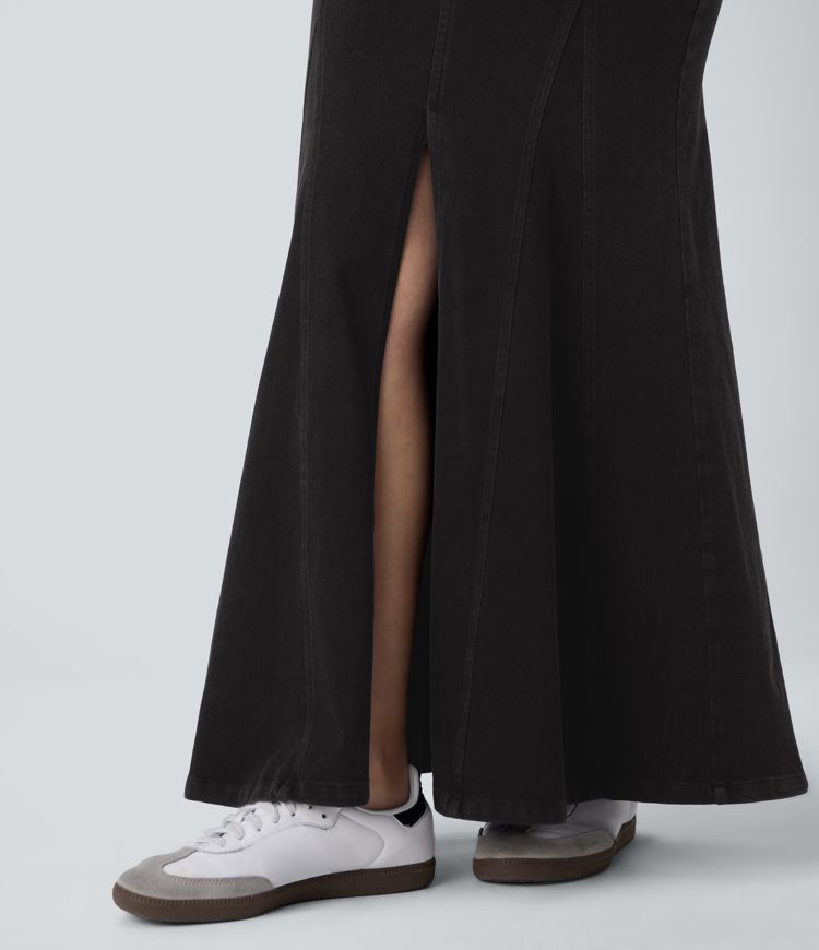 Halara Flex™ Mid Rise Maxi Washed Denim Casual Mermaid Skirt with Pockets